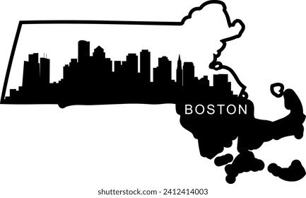 Black and white illustrated city of the Boston Massachusetts downtown buildings and landmarks skyline silhouette vector graphic inside of the border outline of the state. 