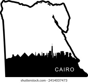 Black and white illustrated city of the Cairo Egypt downtown buildings and landmarks skyline silhouette vector graphic inside of the border outline of the state. 