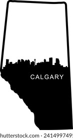 Black and white illustrated city of the Calgary Canada downtown buildings and landmarks skyline silhouette vector graphic inside of the border outline of the state. 