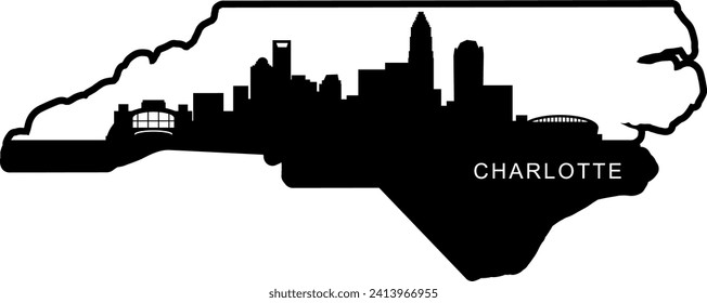 Black and white illustrated city of the Charlotte North Carolina downtown buildings and landmarks skyline silhouette vector graphic inside of the border outline of the state. 