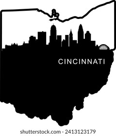 Schwarz-Weiß illustrierte Stadt der Cincinnati Ohio Innenstadt Gebäude und Wahrzeichen Skyline Silhouette Vektorgrafik innerhalb der Grenze Umriss des Staates. 