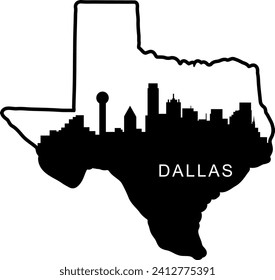 Black and white illustrated city of the Dallas Texas downtown buildings and landmarks skyline silhouette vector graphic inside of the border outline of the state. 