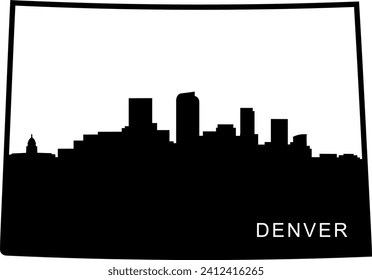 Black and white illustrated city of the Denver Colorado downtown buildings and landmarks skyline silhouette vector graphic inside of the border outline of the state. 