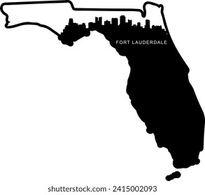 Black and white illustrated city of the Fort Lauderdale Florida downtown buildings and landmarks skyline silhouette vector graphic inside of the border outline of the state. 