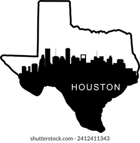 Black and white illustrated city of the Houston Texas downtown buildings and landmarks skyline silhouette vector graphic inside of the border outline of the state. 