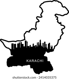 Black and white illustrated city of the Karachi Pakistan downtown buildings and landmarks skyline silhouette vector graphic inside of the border outline of the state. 