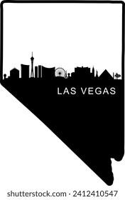 Ciudad ilustrada en blanco y negro de los edificios del centro de Las Vegas Nevada y monumentos de la silueta de línea de horizonte gráfico dentro del contorno fronterizo del estado. 