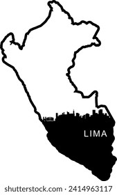 Schwarz-Weiß illustrierte Stadt der Lima Peru Innenstadt Gebäude und Wahrzeichen Skyline Silhouette Vektorgrafik innerhalb der Grenze Umriss des Staates. 