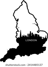 Black and white illustrated city of the London England downtown buildings and landmarks skyline silhouette vector graphic inside of the border outline of the state. 