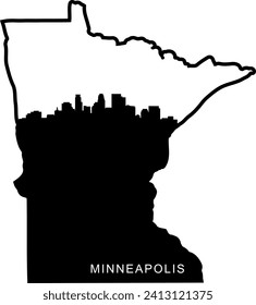 Schwarz-Weiß illustrierte Stadt der Minneapolis Minnesota Innenstadt Gebäude und Wahrzeichen Skyline Silhouette Vektorgrafik innerhalb der Grenze Umriss des Staates. 