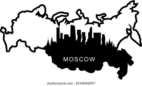 Black and white illustrated city of the Moscow Russia downtown buildings and landmarks skyline silhouette vector graphic inside of the border outline of the state. 