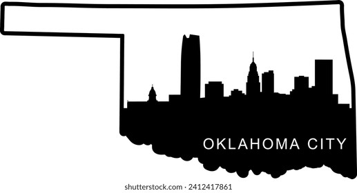 Ciudad ilustrada en blanco y negro de los edificios del centro de la ciudad de Oklahoma y lugares emblemáticos, silueta de línea de horizonte gráfica dentro del contorno fronterizo del estado. 