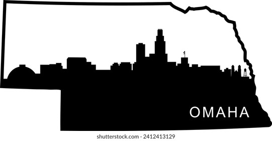 Black and white illustrated city of the Omaha Nebraska downtown buildings and landmarks skyline silhouette vector graphic inside of the border outline of the state. 