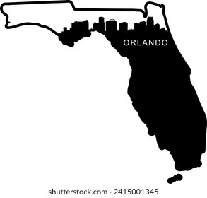 Black and white illustrated city of the Orlando Florida downtown buildings and landmarks skyline silhouette vector graphic inside of the border outline of the state. 