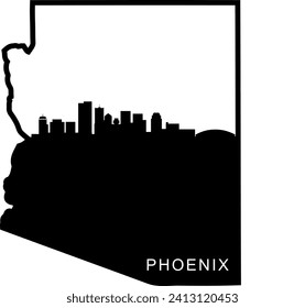 Black and white illustrated city of the Phoenix Arizona downtown buildings and landmarks skyline silhouette vector graphic inside of the border outline of the state. 