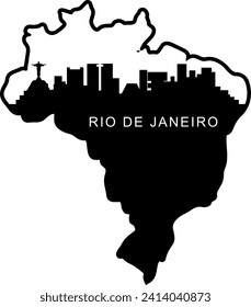 Black and white illustrated city of the Rio De Janeiro Brazil downtown buildings and landmarks skyline silhouette vector graphic inside of the border outline of the state. 