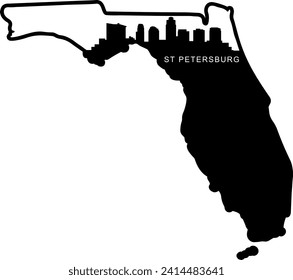 Black and white illustrated city of the Saint Petersburg Florida downtown buildings and landmarks skyline silhouette vector graphic inside of the border outline of the state. 