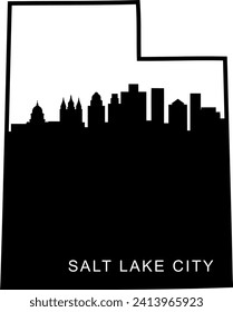 Black and white illustrated city of the Salt Lake City Utah downtown buildings and landmarks skyline silhouette vector graphic inside of the border outline of the state. 