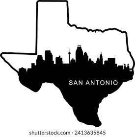 Black and white illustrated city of the San Antonio Texas downtown buildings and landmarks skyline silhouette vector graphic inside of the border outline of the state. 