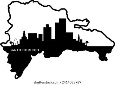 Black and white illustrated city of the Santo Domingo Dominican Republic downtown buildings and landmarks skyline silhouette vector graphic inside of the border outline of the state. 