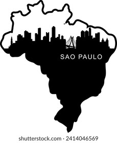 Ciudad ilustrada en blanco y negro de la ciudad de Sao Paulo Brasil, edificios del centro y monumentos de la silueta de línea de horizonte gráfico vectorial dentro del contorno fronterizo del estado. 