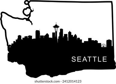 Black and white illustrated city of the Seattle Washington downtown buildings and landmarks skyline silhouette vector graphic inside of the border outline of the state. 