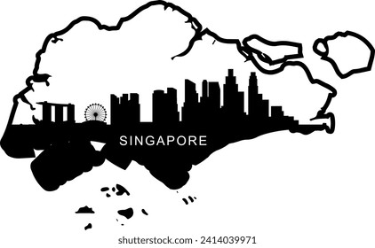 Black and white illustrated city of the Singapore downtown buildings and landmarks skyline silhouette vector graphic inside of the border outline of the state. 