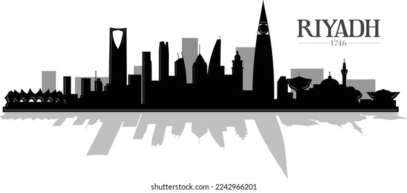 Black and white illustrated city skyline silhouette of the city Riyadh, Saudi Arabia. Vector eps graphic design.