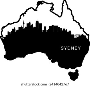 Black and white illustrated city of the Sydney Australia downtown buildings and landmarks skyline silhouette vector graphic inside of the border outline of the state. 