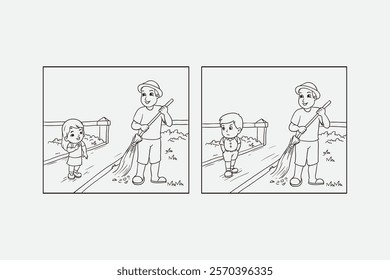 Black and white illustrated depiction of children observing a man sweeping a sidewalk outdoors. Educational and relatable imagery depicting civic responsibility.