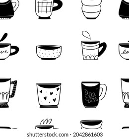 A black and white illustrated doodle collection of adorable kawaii mugs and cups designs.