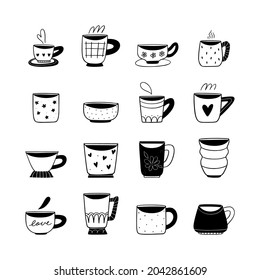 A black and white illustrated doodle collection of adorable kawaii mugs and cups designs.