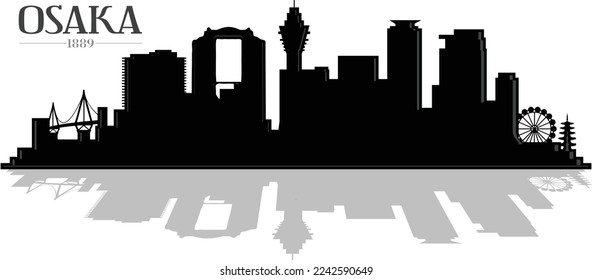 Black and white illustrated silhouette of Osaka Japan city skyline buildings. Vector eps graphic design.