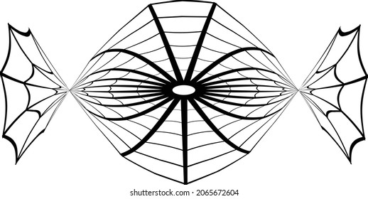 Black and white illustrated warped candy wrapper shaped spider web. Vector eps graphic design.