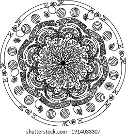 black and white illustration, abstract mandala and doodle shapes, scribbles that are commonly used for coloring as stress relief, wall hangings, yoga pads, patern art