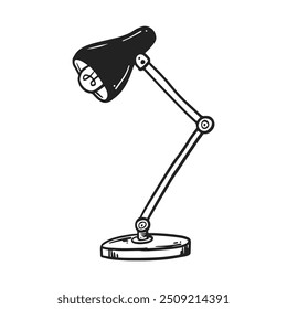 black and white illustration of an adjustable desk lamp. The design features articulated arms for flexible positioning and a visible light bulb. 