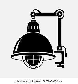 Black and white illustration of an adjustable desk lamp with a metal shade and grid pattern