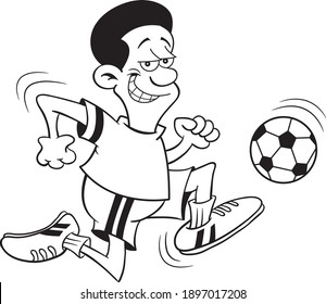 Black and white illustration of an African American kicking a soccer ball.