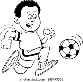 Black And White Illustration Of An African Boy Playing Soccer.