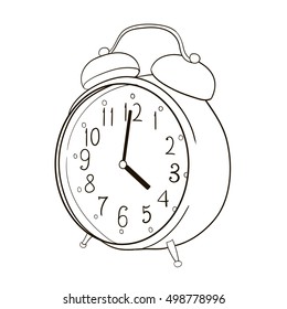 Black and white illustration of an alarm clock. Vector design element.