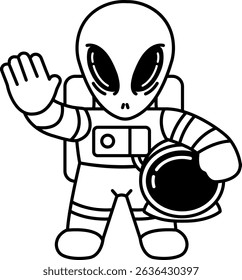 black and white illustration of a alien astronaut is waving 