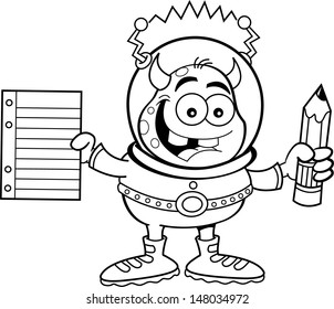 Black and white illustration of a alien holding a paper and pencil