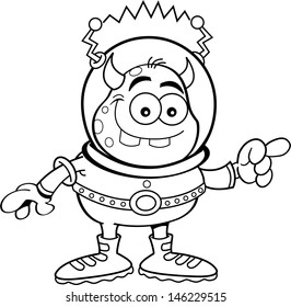 Black and white illustration of an alien pointing.