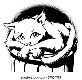 Black and white illustration of an alley cat on a garbage can.