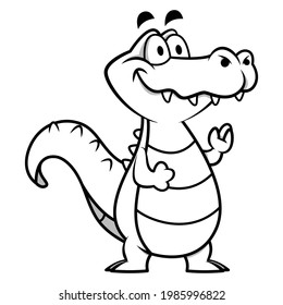 Black and white illustration of Alligator cartoon character standing and greeting, best for coloring book of children