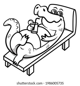 Black and white illustration of Alligator cartoon characters lying on the lounge chairs while drink a cocktails, sunbathing on the beach at summer vacation, best for coloring book of kids with summer 