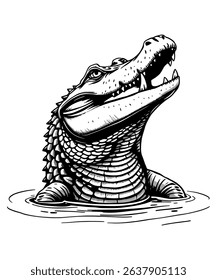 A black and white illustration of an alligator emerging from the water