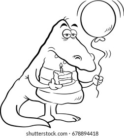 Black and white illustration of an alligator holding a piece of cake and a balloon.