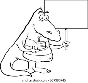 Black and white illustration of an alligator holding a piece of cake and a sign.