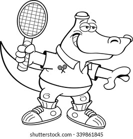 Black and white illustration of an alligator playing tennis.